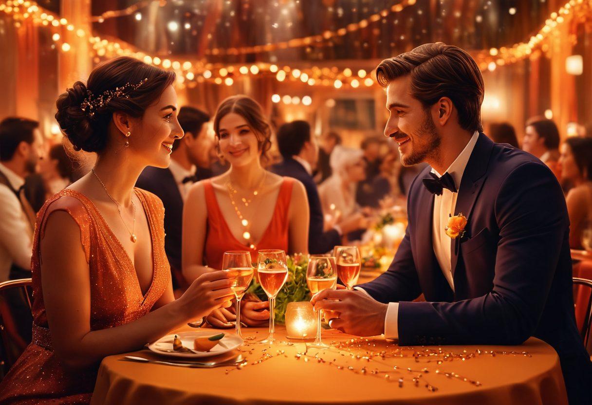 A vibrant social event scene with elegantly dressed individuals engaging in lively conversation, surrounded by atmospheric lighting and tasteful decorations. Include symbolic representations of connection, such as flowing lines or glowing dots linking people together. Incorporate a warm color palette to evoke passion and excitement. super-realistic. vibrant colors.