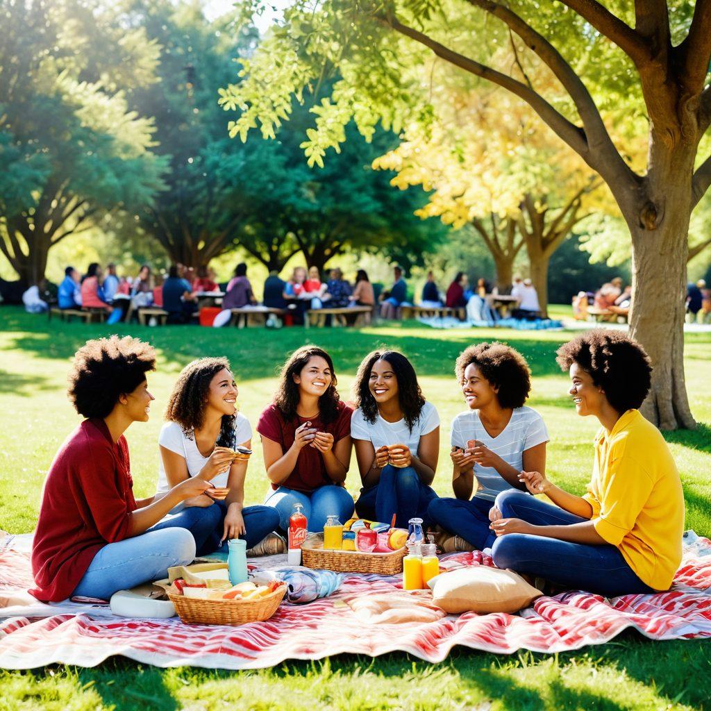 A warm, inviting scene of a diverse group of friends gathered in a cozy park, laughing and sharing stories over a picnic setup with colorful blankets and refreshments. Include elements like a friendship bracelet-making station and people engaging in fun activities, symbolizing connection. Soft sunlight filtering through trees creates a welcoming atmosphere. vibrant colors. painterly style.