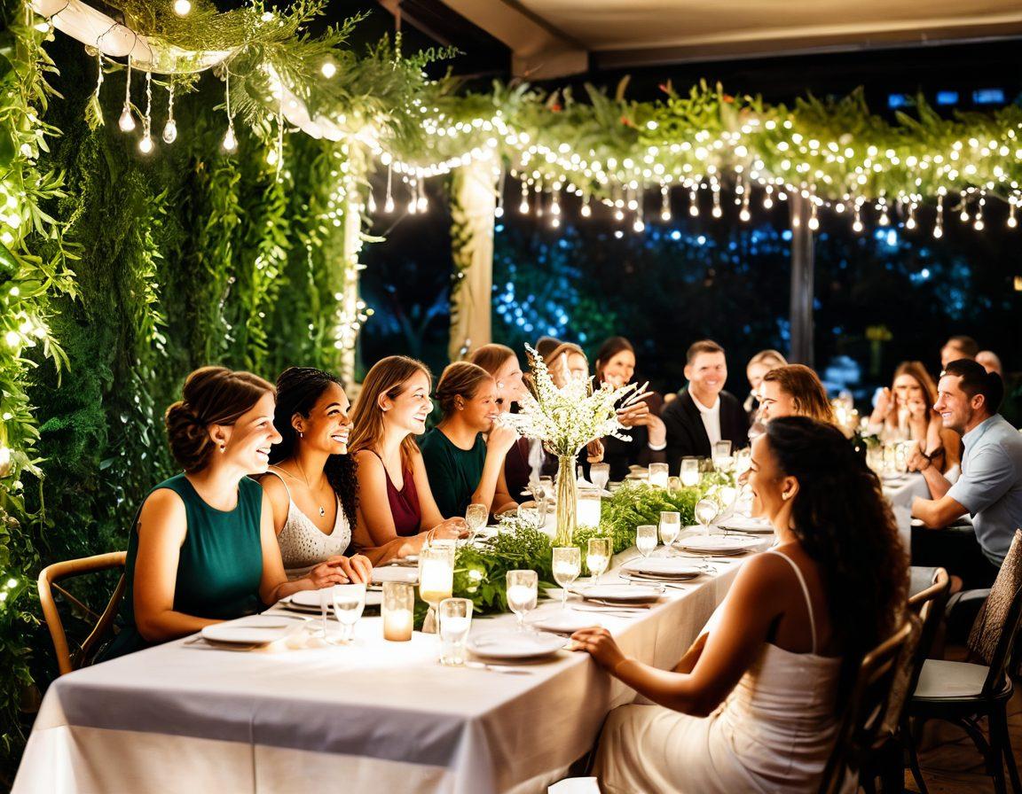 A vibrant gathering of diverse people enjoying various exclusive social events, showcasing laughter, conversation, and friendship around beautifully set tables adorned with elegant decor. Include a background of lush greenery and twinkling fairy lights to create a warm and inviting atmosphere. Capture the essence of togetherness and celebration. super-realistic. vibrant colors. festive ambiance.